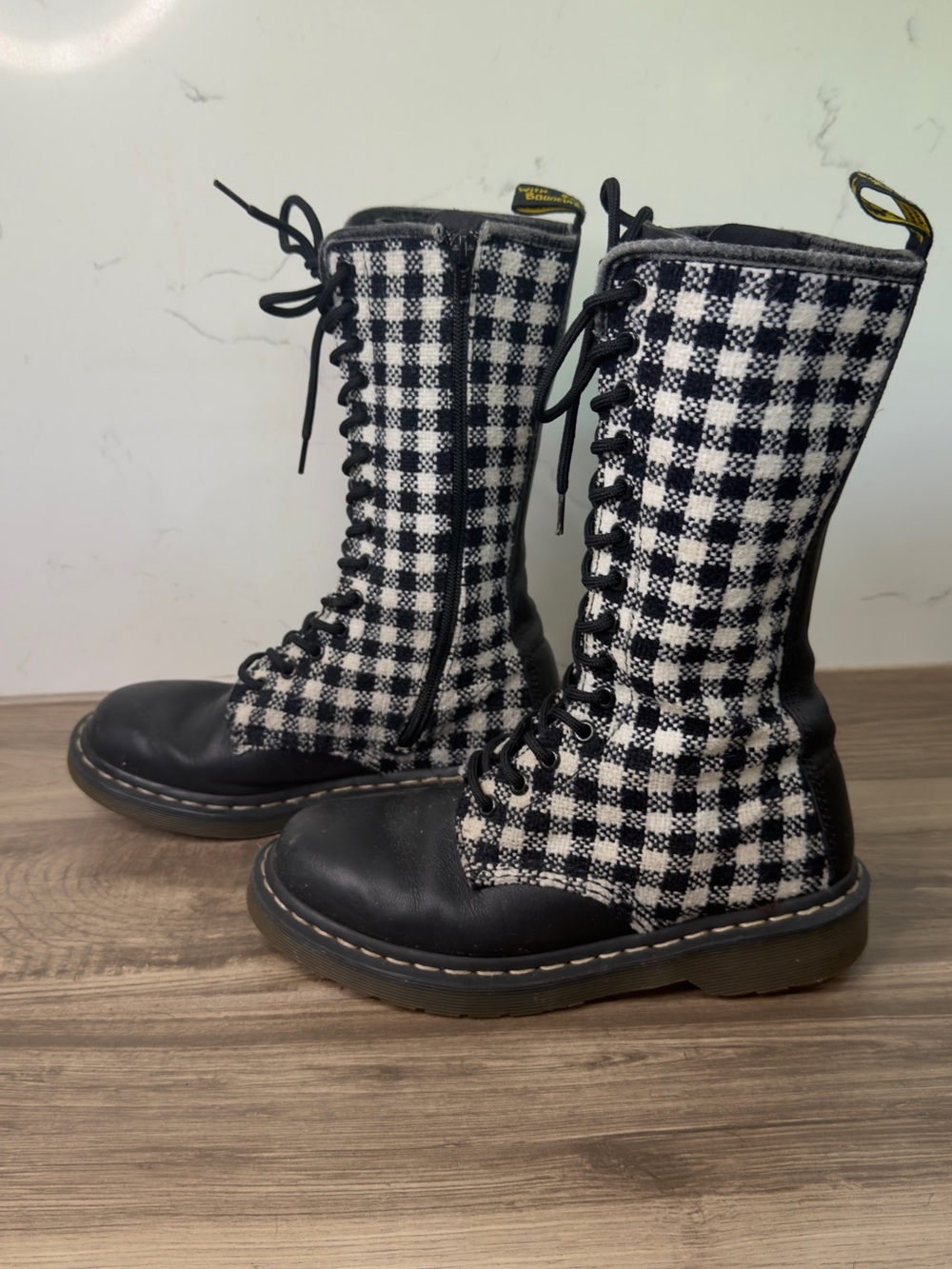 Dr. Martens Tall Plaid Black & White Lace-Up Boot with Side Zipper Size: 7